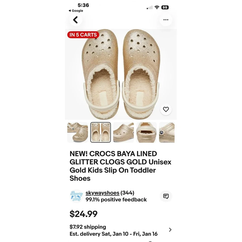 Kids Crocs Baya Lined Glitter‎ Clogs Gold Unisex Toddler Slip On Shoes